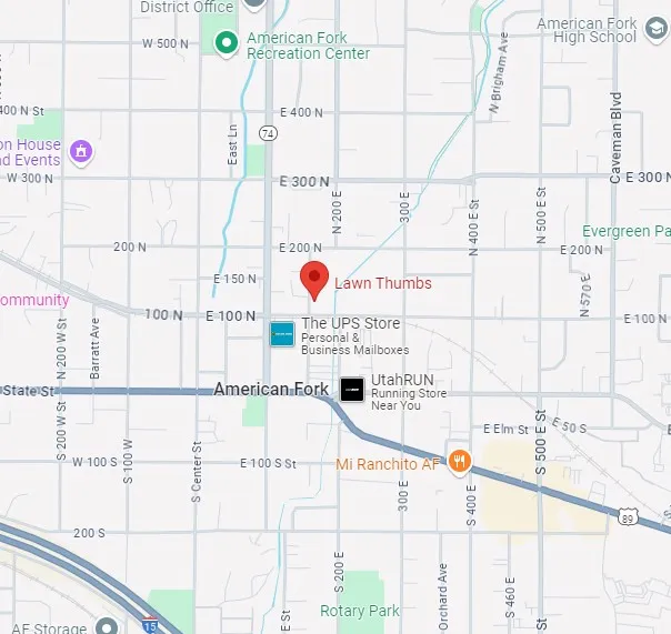 Map showing the Lawn Thumbs location in American Fork, Utah